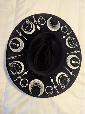 Black Wide-Brim Hat with Silver Celestial Print